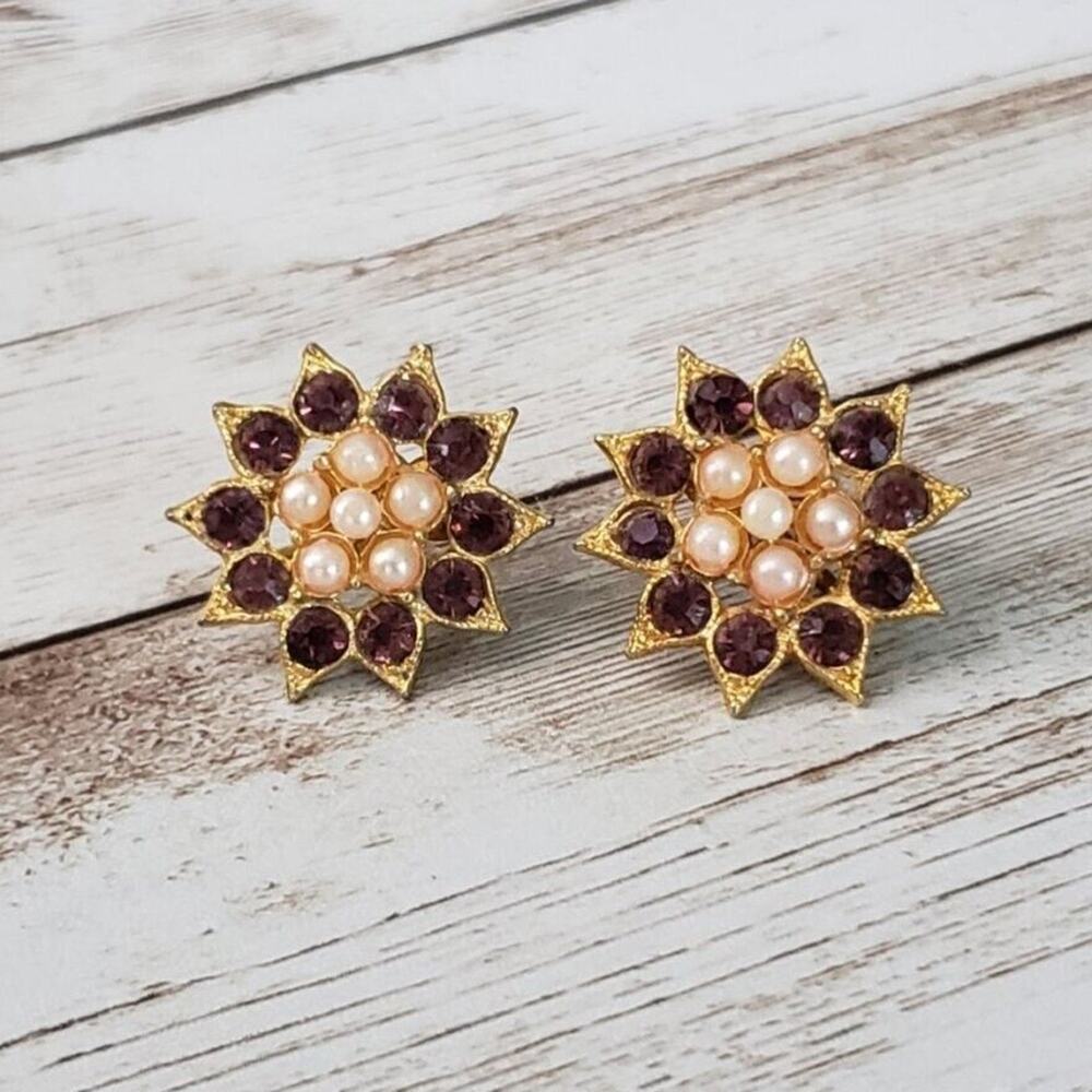 Vintage Screw On Earrings Plum Gems & Faux Pearl Flower